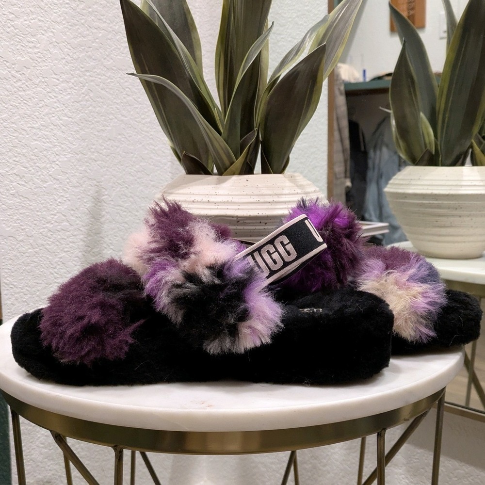 UGG Oh Yeah Tie Dye Women's 9 Magnolia Purple Faux Fur Slide Slipper Sandal